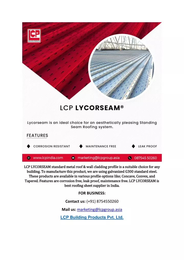 lcp lycorseam standard metal roof wall cladding