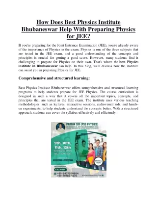 How does Best Physics Institute Bhubaneswar help with preparing physics for JEE