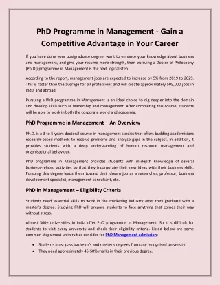 PhD Programme in Management - Gain a Competitive Advantage in Your Career