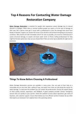Top 4 Reasons For Contacting Water Damage Restoration Company