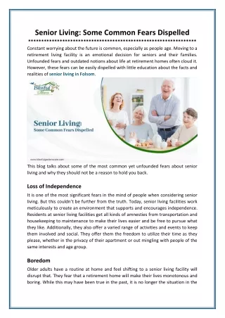 Senior Living - Some Common Fears Dispelled