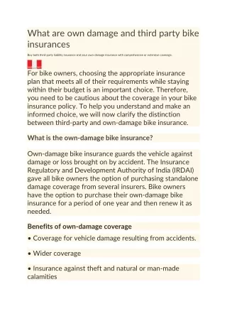 What are own damage and third party bike insurances
