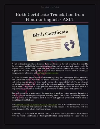 Birth Certificate Translation from Hindi to English - ASLT