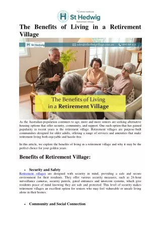 The Benefits of Living in a Retirement Village