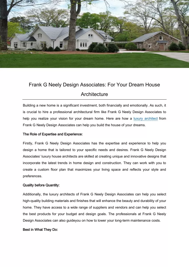 frank g neely design associates for your dream