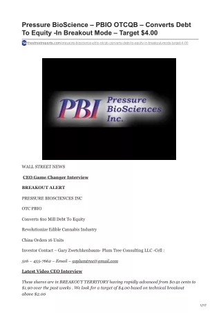 pressure bioscience pbio otcqb converts debt
