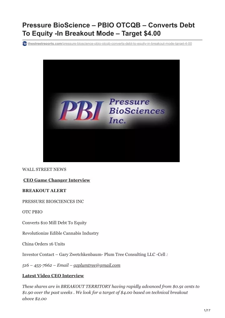 pressure bioscience pbio otcqb converts debt