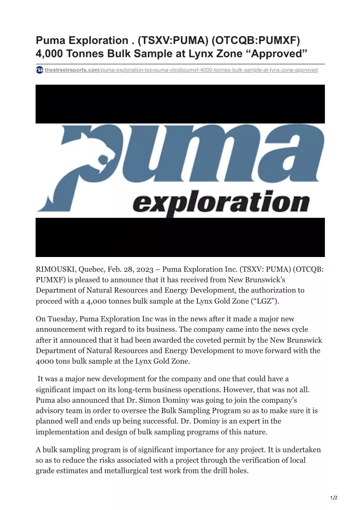 puma exploration tsxv puma otcqb pumxf