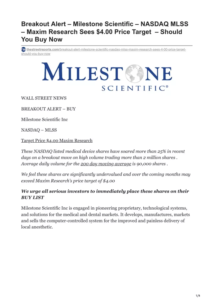 breakout alert milestone scientific nasdaq mlss