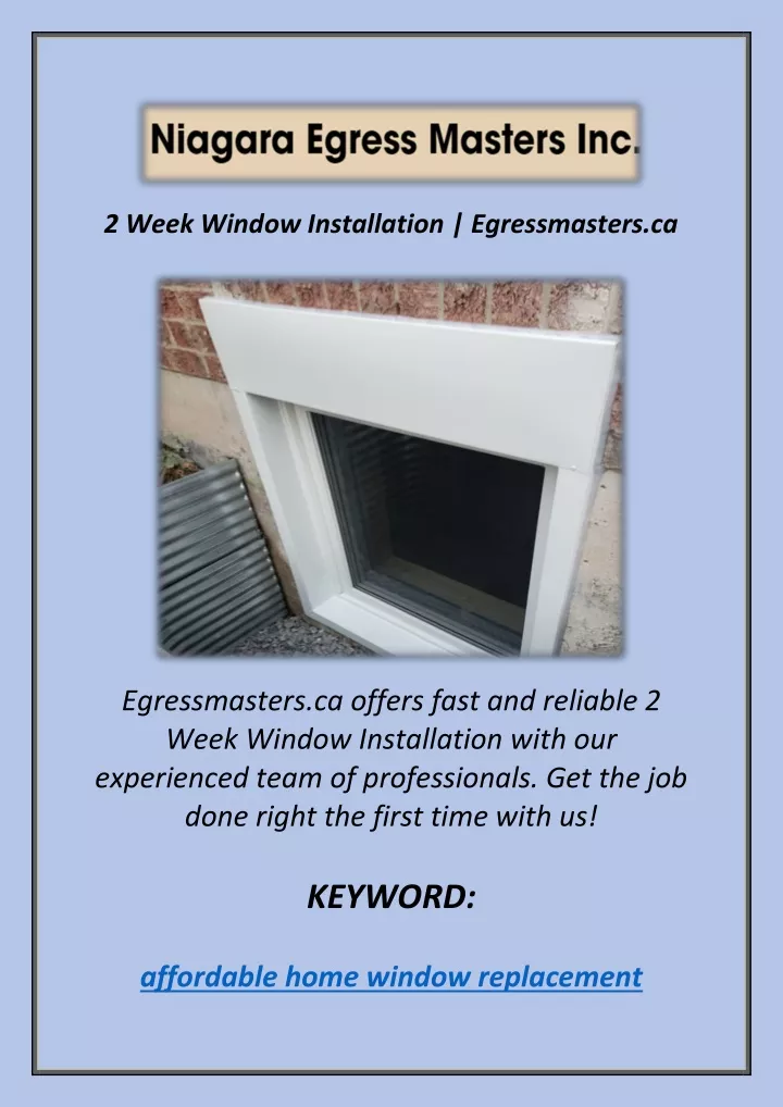 2 week window installation egressmasters ca