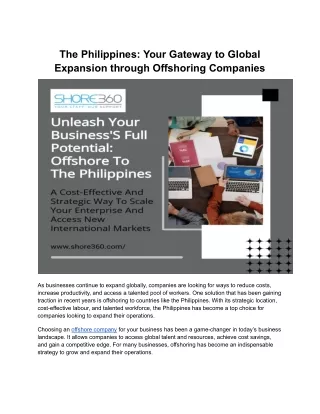 The Philippines: Your Gateway to Global Expansion through Offshoring Companies