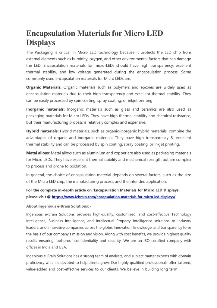 encapsulation materials for micro led displays