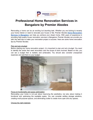 Professional Home Renovation Services in Bangalore by Premier Abodes