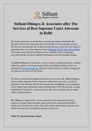 Sidhant Dhingra & Associates offer The Services of Best Supreme Court Advocate i