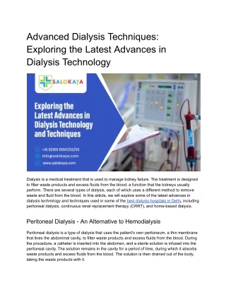 Exploring the Latest Advances in Dialysis Technology