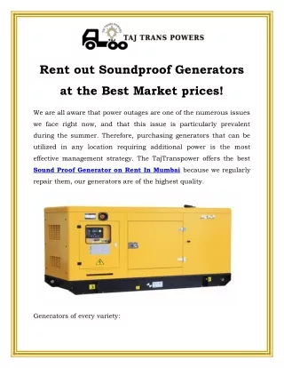 Rent out Soundproof Generators at the Best Market prices