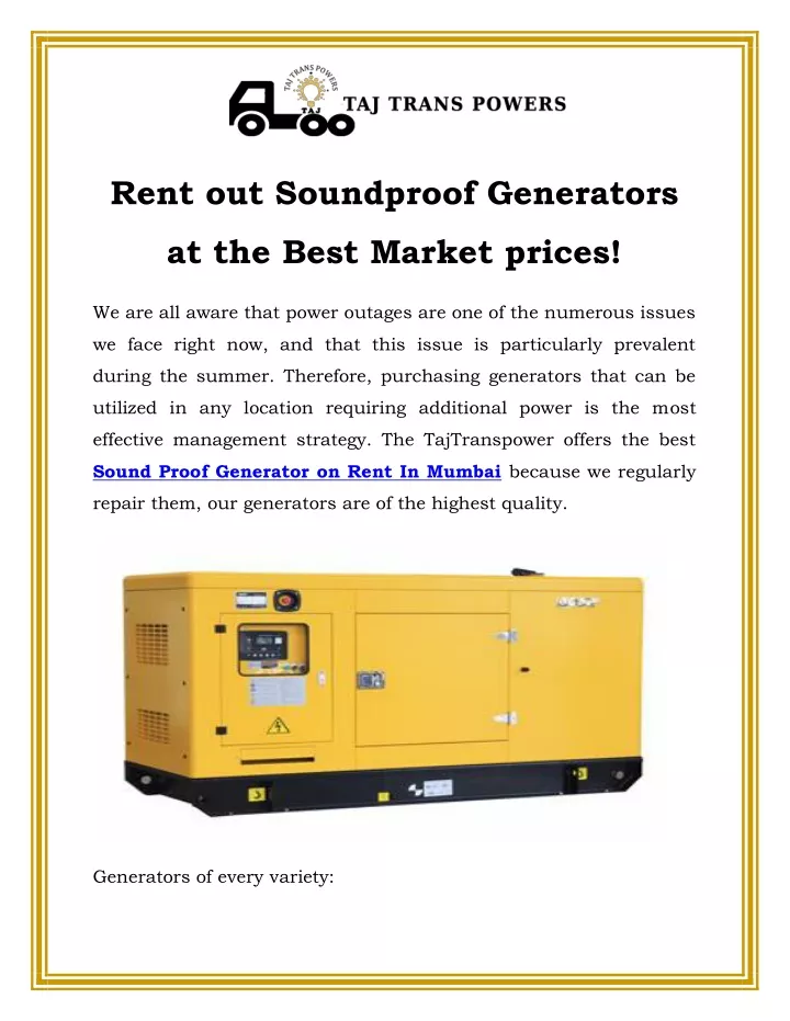 rent out soundproof generators