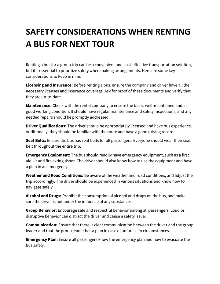 safety considerations when renting a bus for next