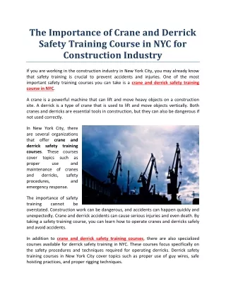 The Importance of Crane and Derrick Safety Training Course in NYC for Construction Industry