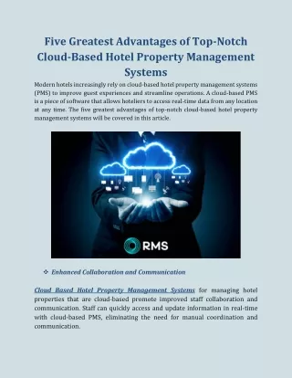 Five Greatest Advantages of Top-Notch Cloud-Based Hotel Property Management Syst