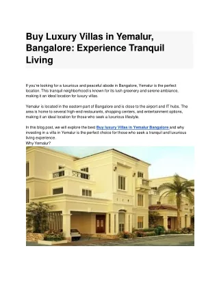 Buy Luxury Villas in Yemalur, Bangalore