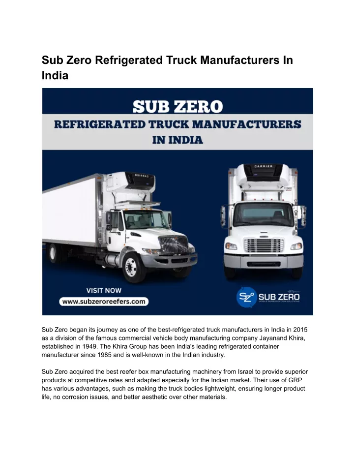 sub zero refrigerated truck manufacturers in india
