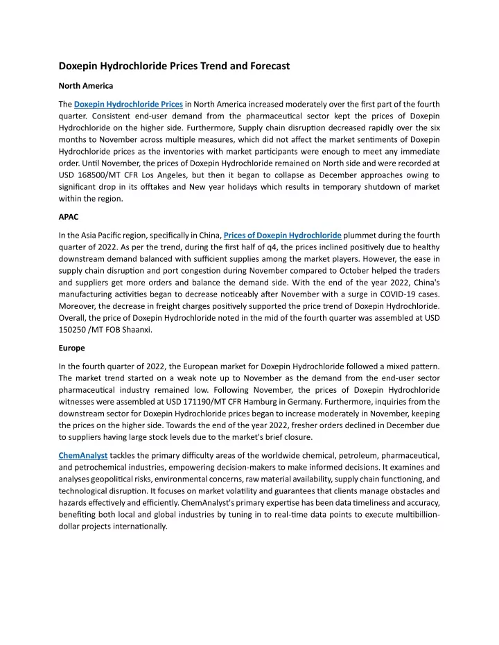 doxepin hydrochloride prices trend and forecast