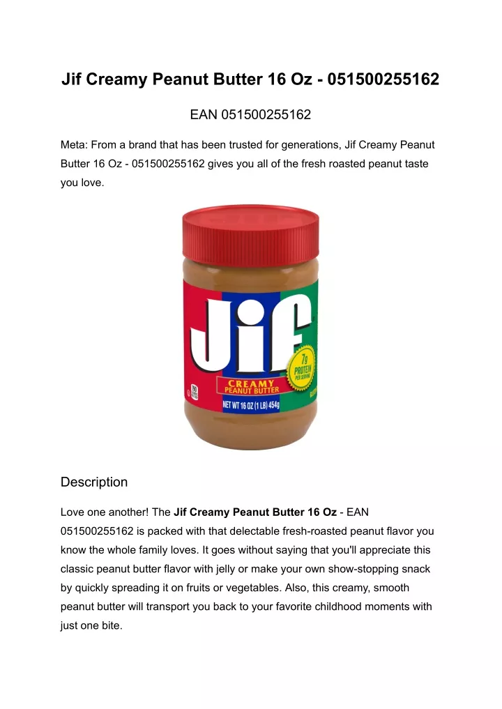 jif creamy peanut butter 16 oz 051500255162