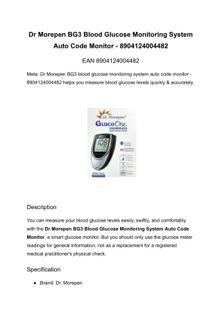 Dr Morepen BG03 Blood glucose Monitoring system auto code monitor