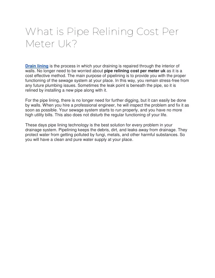 what is pipe relining cost per meter uk