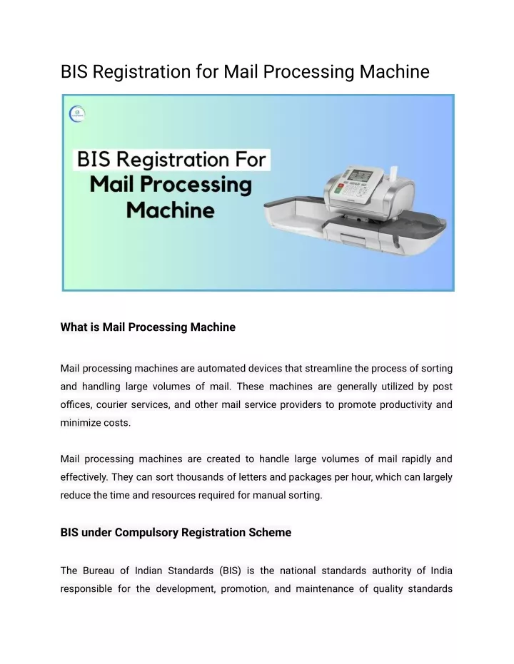 bis registration for mail processing machine