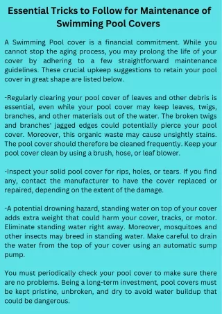 Essential Tricks to Follow for Maintenance of Swimming Pool Covers