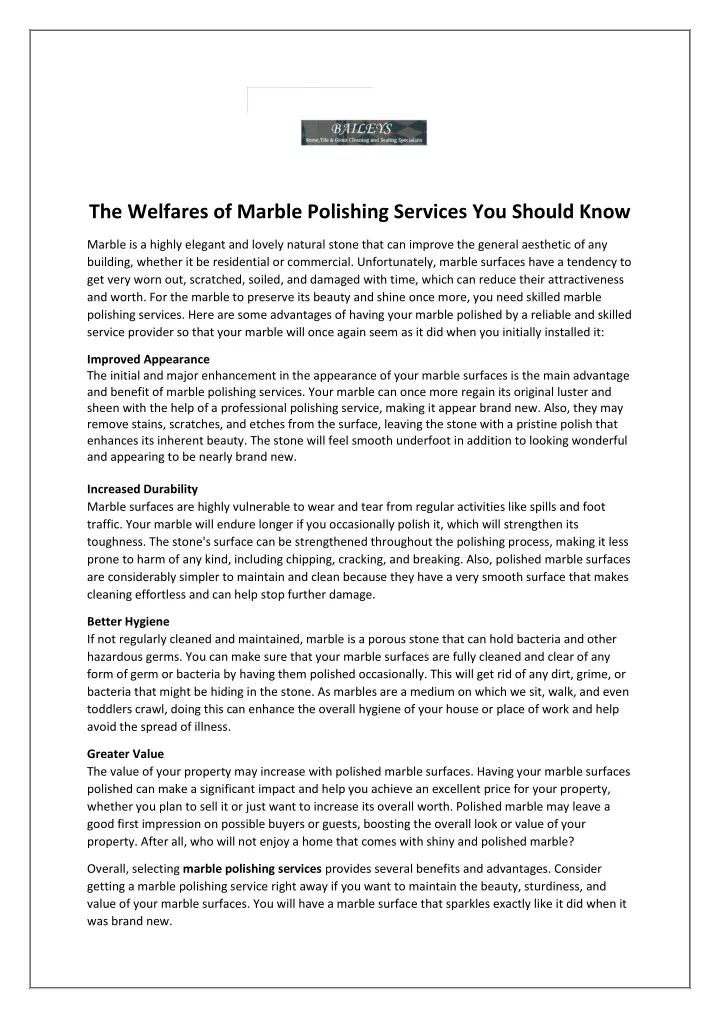 the welfares of marble polishing services