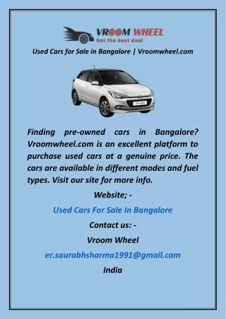 Used Cars for Sale in Bangalore  Vroomwheel