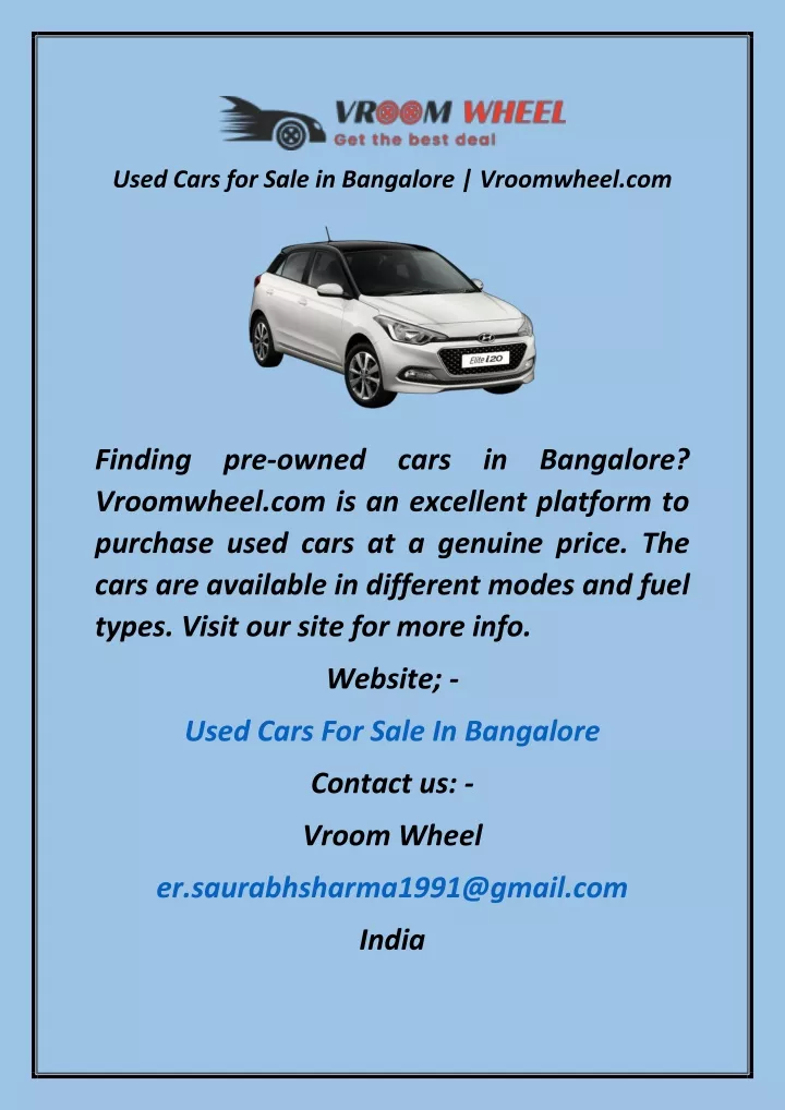 used cars for sale in bangalore vroomwheel com