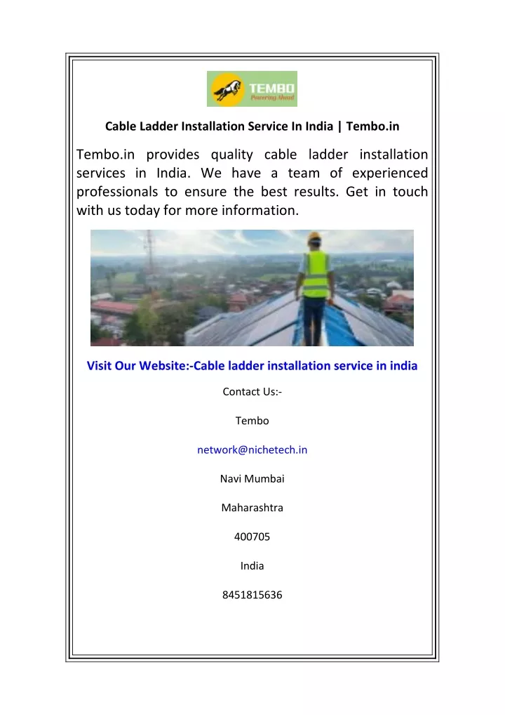 cable ladder installation service in india tembo