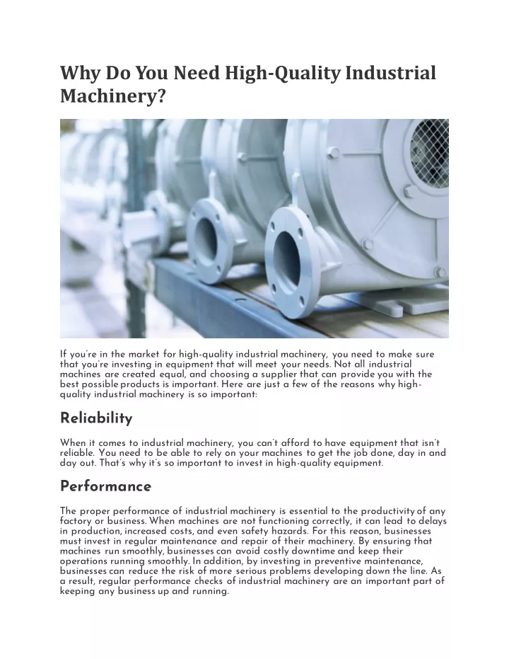 why do you need high quality industrial machinery