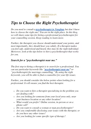 Tips to Choose the Right Psychotherapist