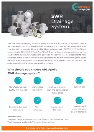 SWR PIPES AND FITTINGS-APL APOLLO PIPES