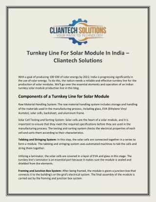 Turnkey Line For Solar Module In India