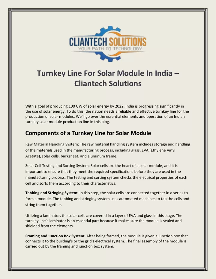 turnkey line for solar module in india cliantech