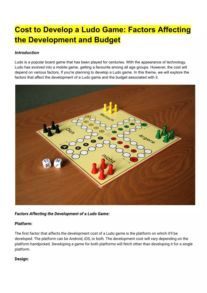 cost to develop a ludo game factors affecting