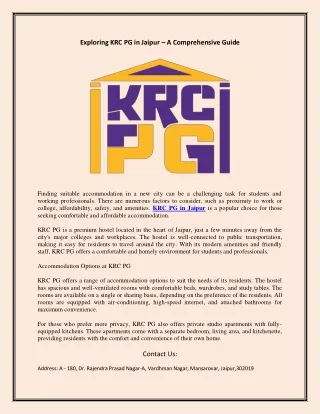 Exploring KRC PG in Jaipur – A Comprehensive Guide
