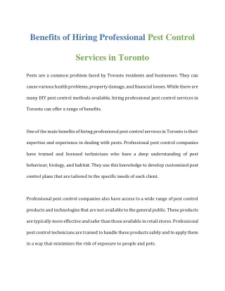 Benefits of hiring professional pest control services in Toronto