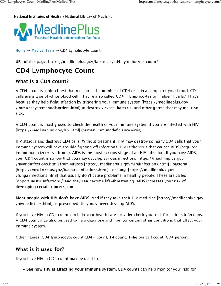 cd4 lymphocyte count medlineplus medical test