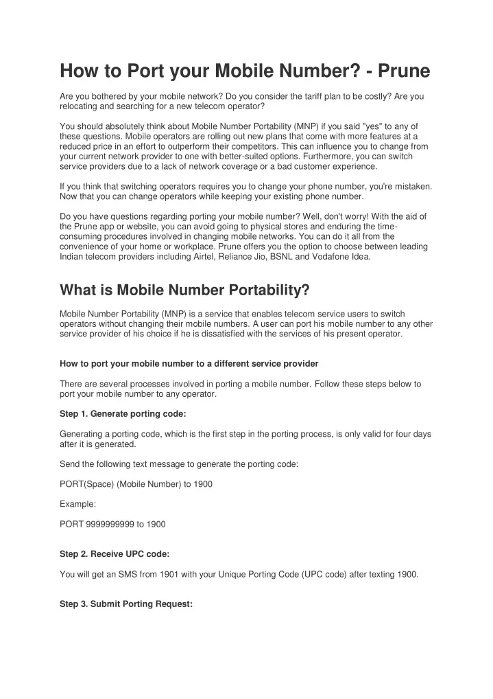 how to port your mobile number prune