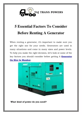 Generator On Hire In Mumbai	 Call-‪9820640061