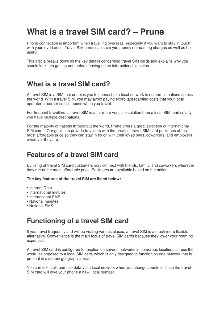 what is a travel sim card prune phone connection