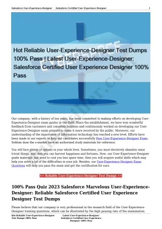 Hot Reliable User-Experience-Designer Test Dumps 100% Pass | Latest User-Experience-Designer: Salesforce Certified User