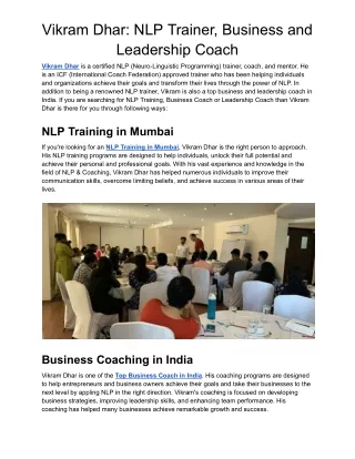 Vikram Dhar: NLP Trainer, Business and Leadership Coach